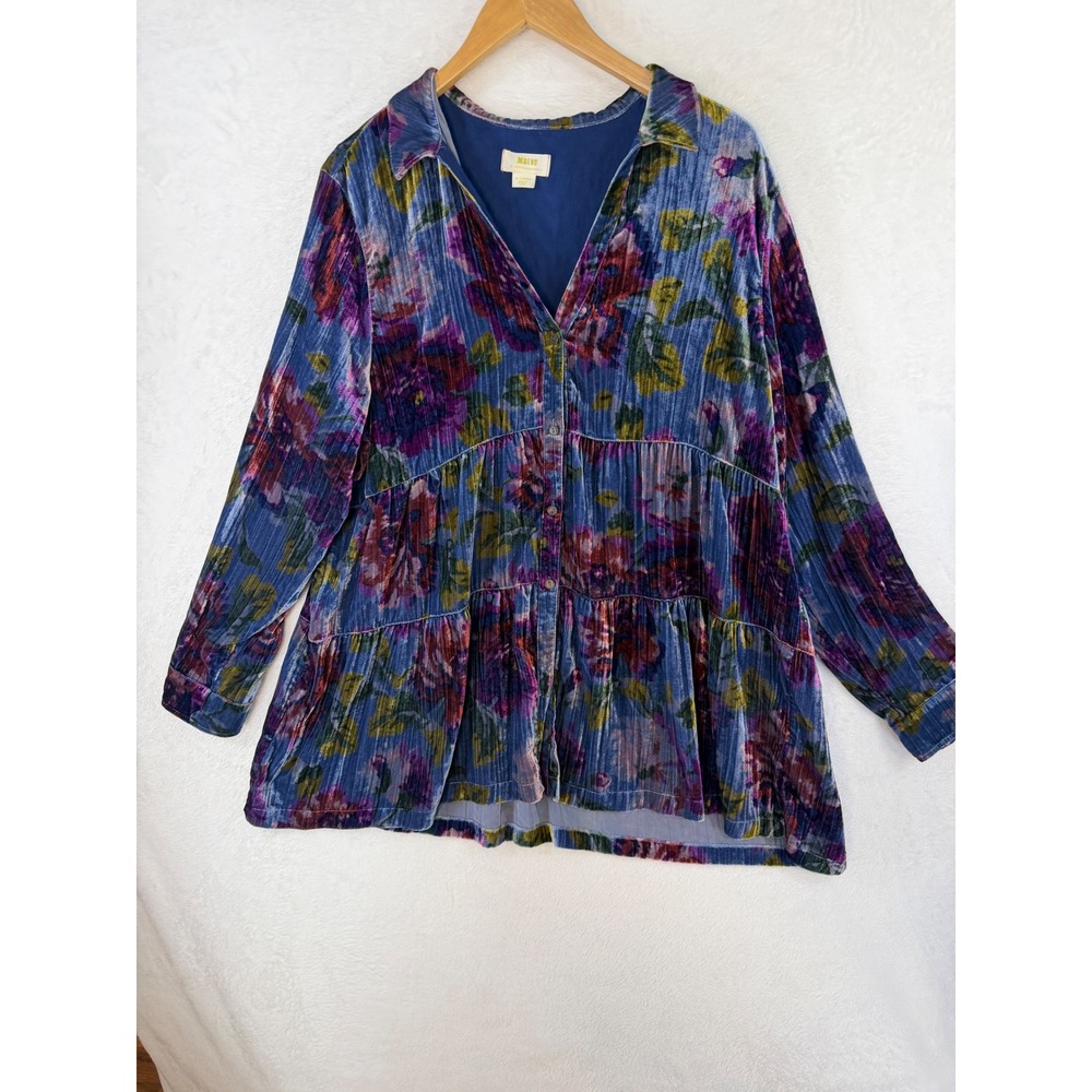 Maeve Anthropologie Velvet Floral Tiered Tunic Blouse Blue Purple XL